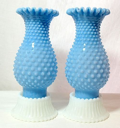 Vintage Collectible Fenton Blue Pastel Hobnail Hurricane Lamps With Milk Glass Bases 1954-55