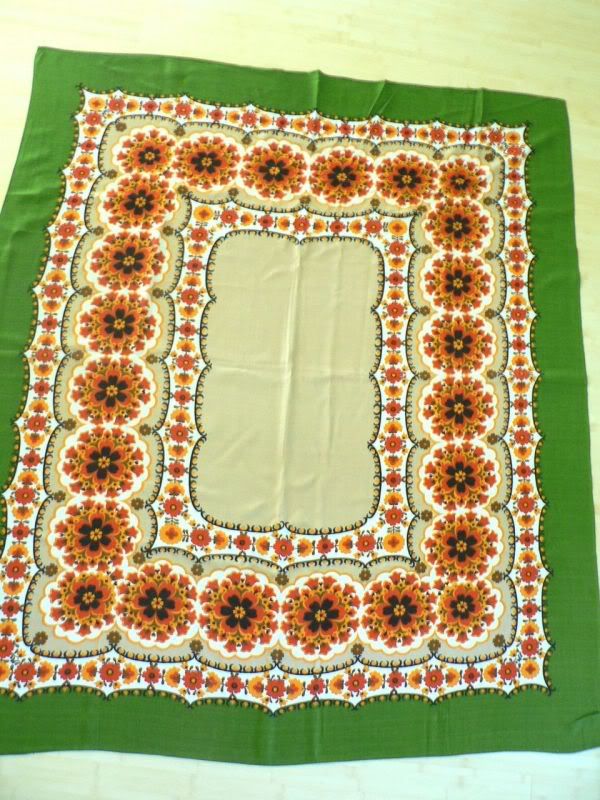 Vintage 60s Groovy Avocado Green, Orange &amp; Gold Screen Printed Mod Tablecloth