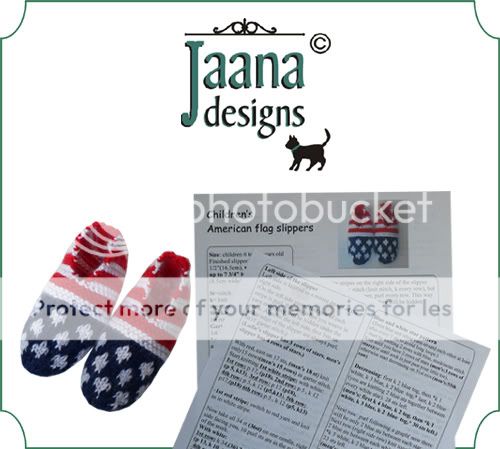 Knitting instructions for American flag slippers, by Jaanadesigns.