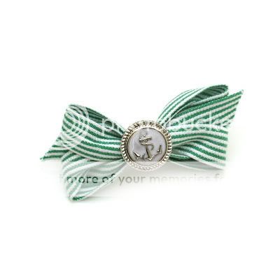 Green White Stripe Ribbon Bow Anchor Button Hair Clip  